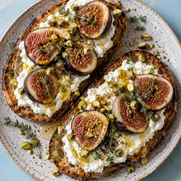 Toasted sourdough with whipped ricotta, halved figs, honey, thyme and pistachio