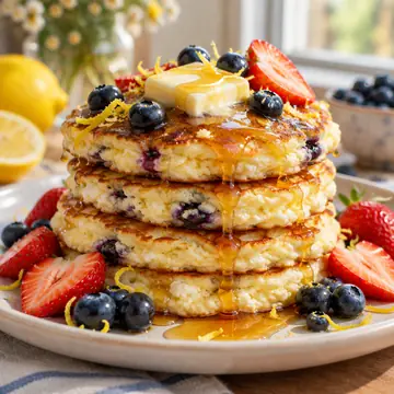 A stack of lemon ricotta pancakes with blueberries, strawberries, butter and maple syrup