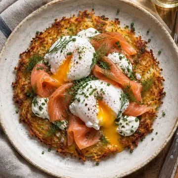 Crisp rösti topped with two poached eggs, smoked lake trout, crème fraîche and dill